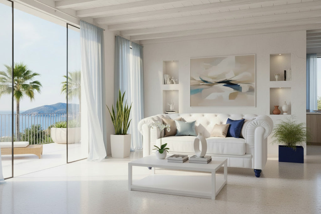 Conjunto de sofás modernos blancos con estructura de madera para apartamentos en la Costa Blanca