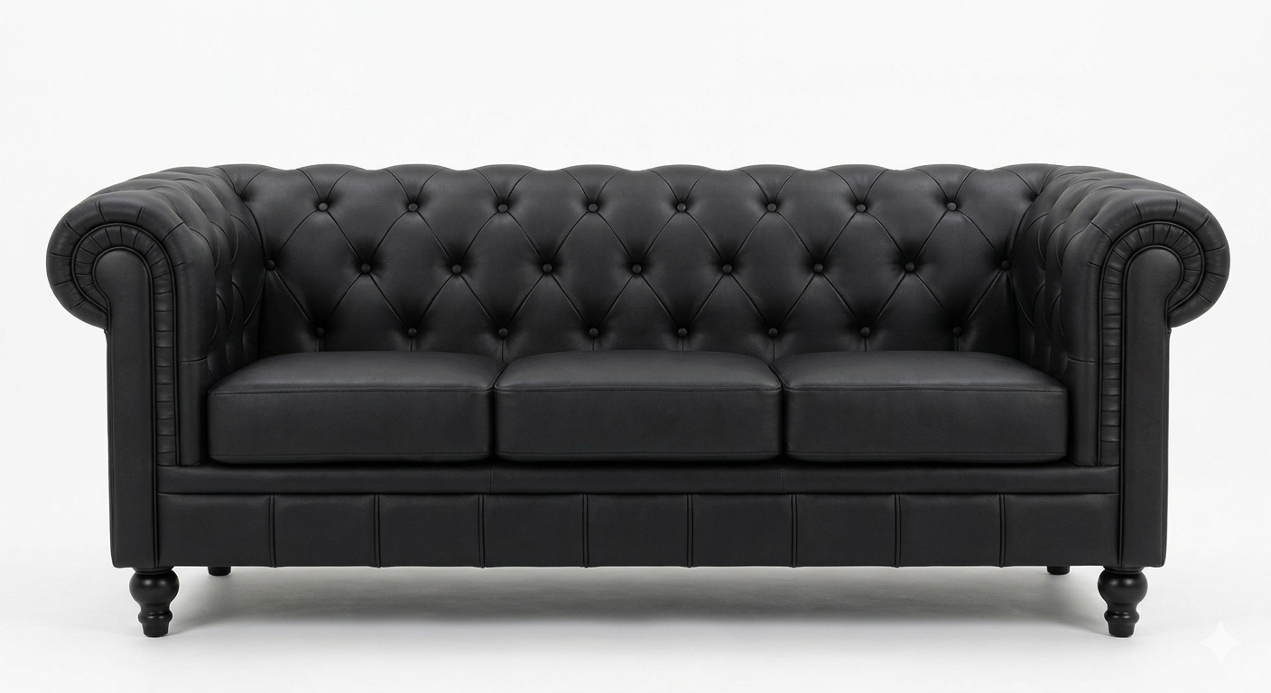 Sofá de tres plazas tapizado en similpiel negra de acabado liso, perfil amplio y elegante, tres cojines de asiento integrados y patas oscuras. Ancho 203 cm