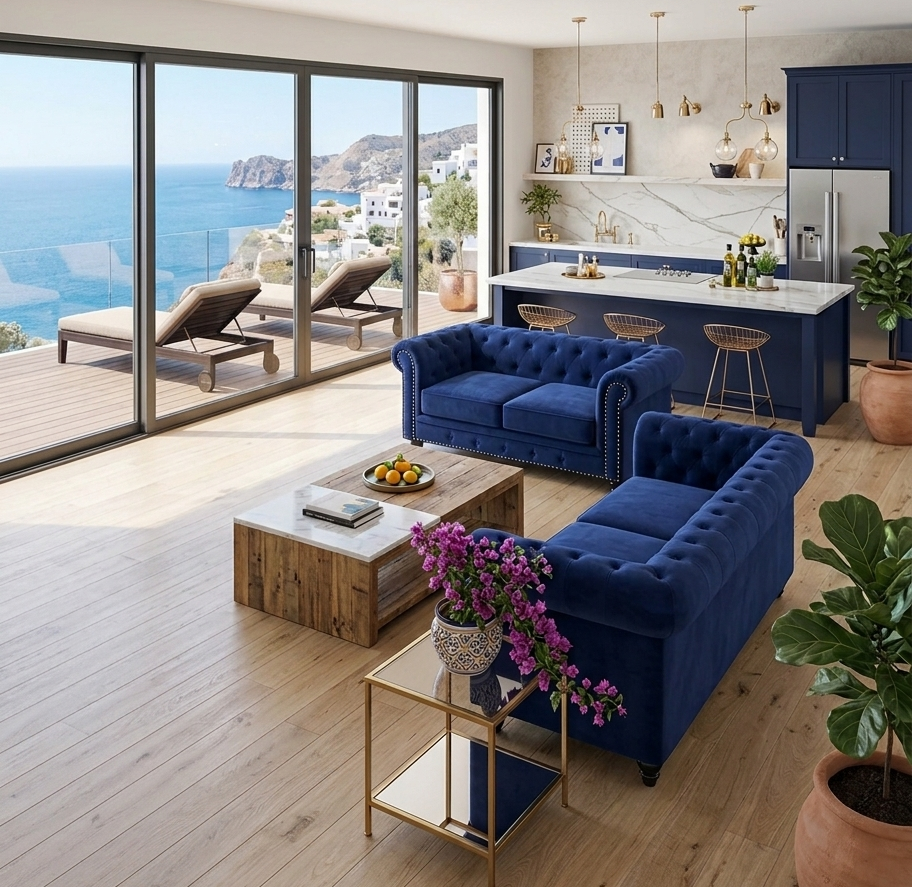 Sofá de diseño contemporáneo de 2 plazas en terciopelo azul navy, compacto y elegante, con máximo confort y sofá de 3 plazas a juego disponible.