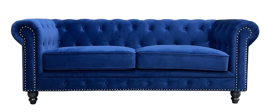 Sofá de 3 plazas de terciopelo azul navy de diseño exclusivo, ideal para salones modernos y elegantes en la Costa Blanca