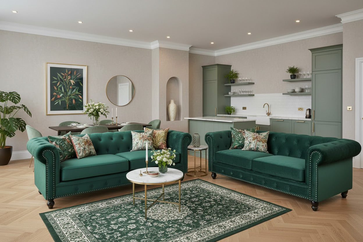 Sofá de 3 plazas de terciopelo verde esmeralda con diseño moderno, ideal para salones elegantes y apartamentos en Torrevieja