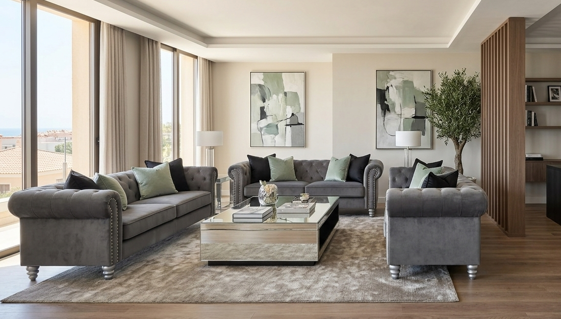 Conjunto de sofá Chester Style 2 y 3 plazas en velvet gris para salones modernos en Torrevieja, Rojales y Orihuela Costa