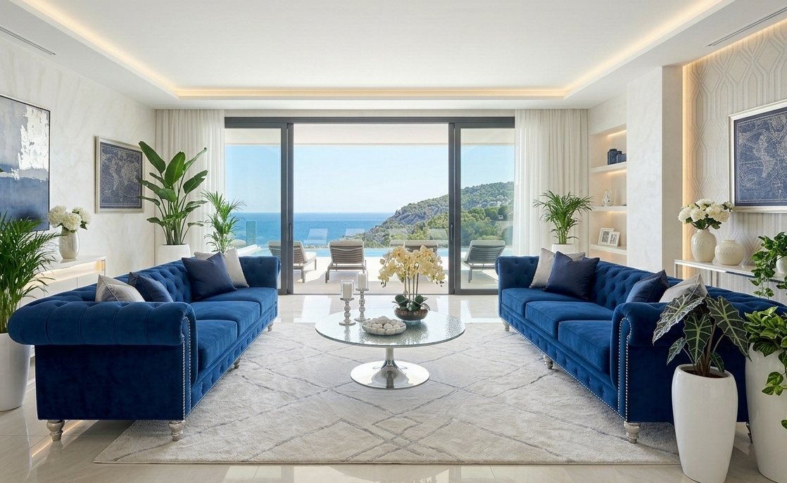 Conjunto sofá Chester Style 2 y 3 plazas en velvet azul 67 para salones de lujo en Altea, Finestrat y La Vila Joiosa