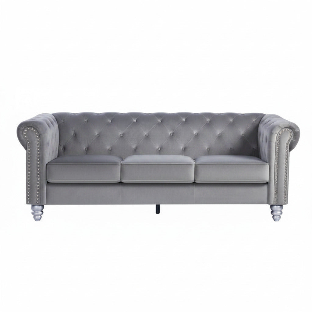 Sofá Chester Style 3 plazas tapizado en velvet gris 27, diseño elegante para salones en Villajoyosa y Costa Blanca