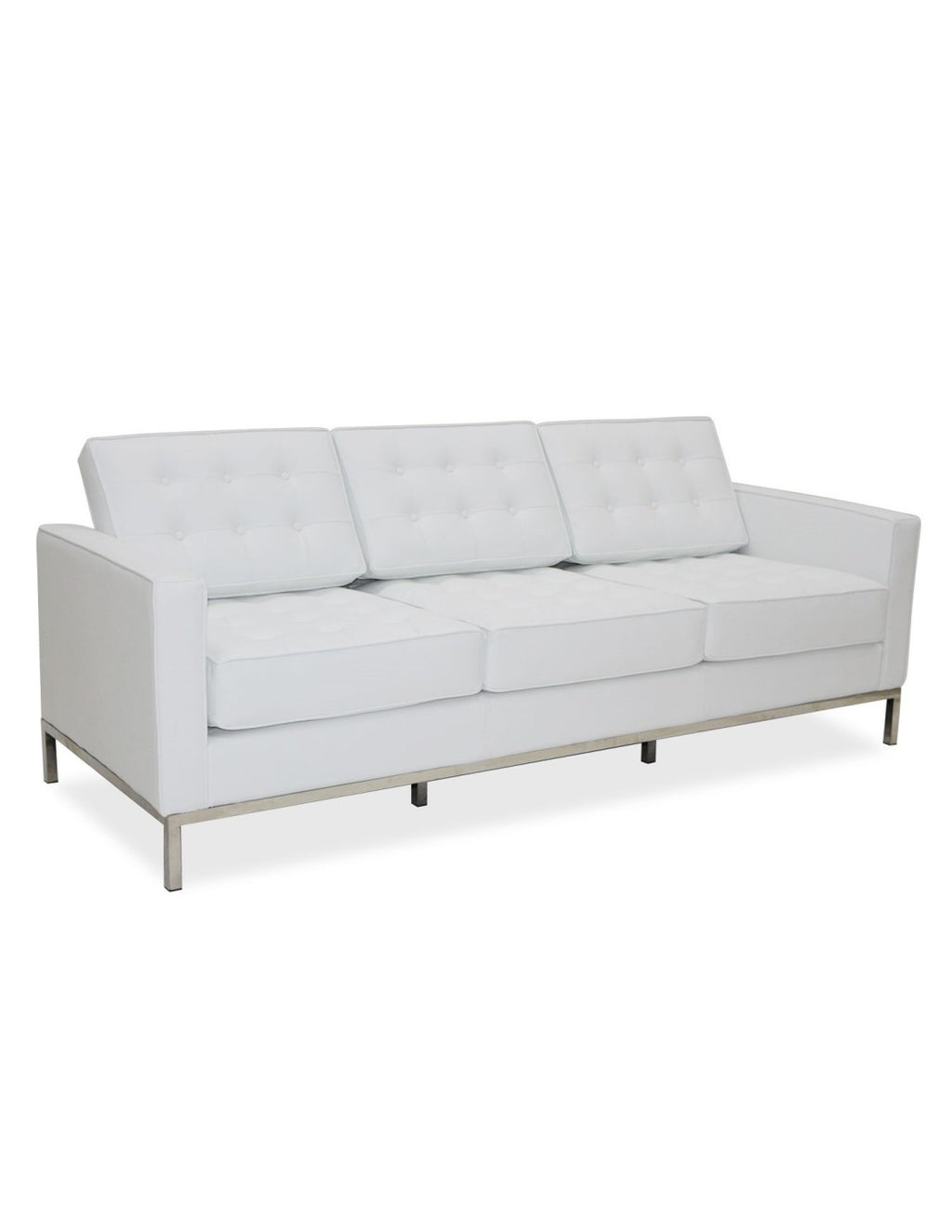 Sofá de tres plazas tapizado en similpiel blanca de acabado liso y luminoso, con base de acero inoxidable en acabado brillo, tres cojines de asiento integrados.