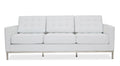 Sofá 3 plazas en similpiel blanca con base de acero inoxidable brillo, armazón de madera y espuma de alta densidad. 