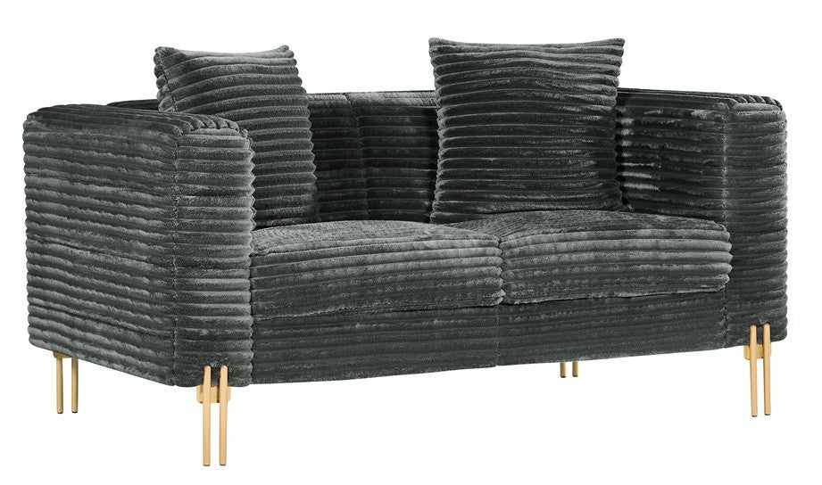 Sofá de 2 plazas en tejido corduroy gris con patas doradas y diseño moderno, ideal para salones elegantes en Ciudad Quesada