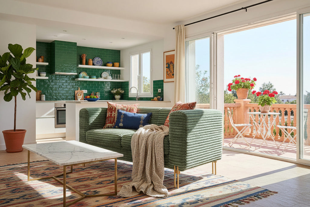 Sofá de 2 plazas de pana corduroy verde claro con patas doradas, estilo moderno y mediterráneo para salones luminosos