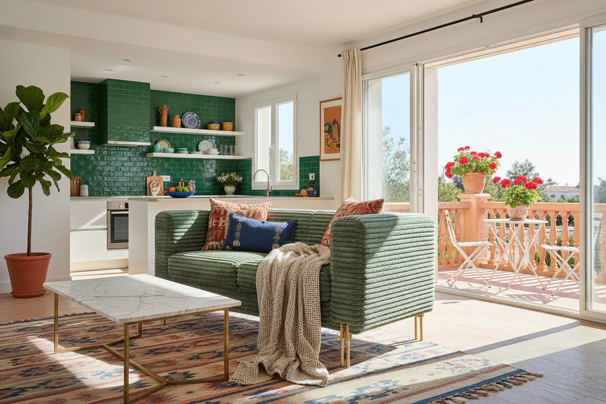 Sofá de 2 plazas de pana corduroy verde claro con patas doradas, estilo moderno y mediterráneo para salones luminosos