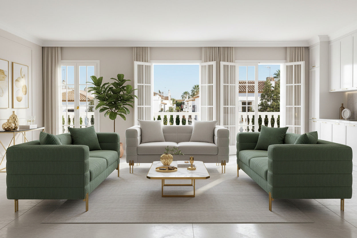 Sofá de 2 plazas en terciopelo gris claro con patas doradas larios, mueble de diseño de lujo para salones modernos en Torrevieja