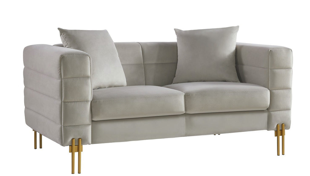 Sofá de 2 plazas en terciopelo gris claro con patas doradas, mueble de diseño de lujo para salones modernos en La Mata, Torrevieja