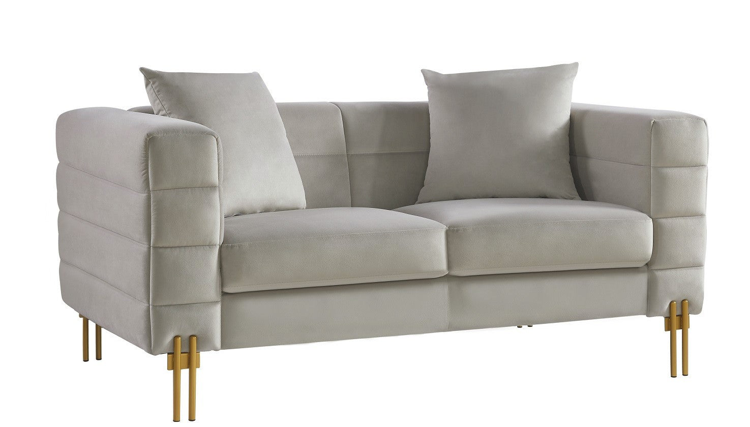 Sofá de 2 plazas en terciopelo gris claro con patas doradas, mueble de diseño de lujo para salones modernos en La Mata, Torrevieja
