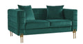 Sofá de 2 plazas de terciopelo verde oscuro con patas doradas de diseño, ideal para salones modernos y elegantes en Elche