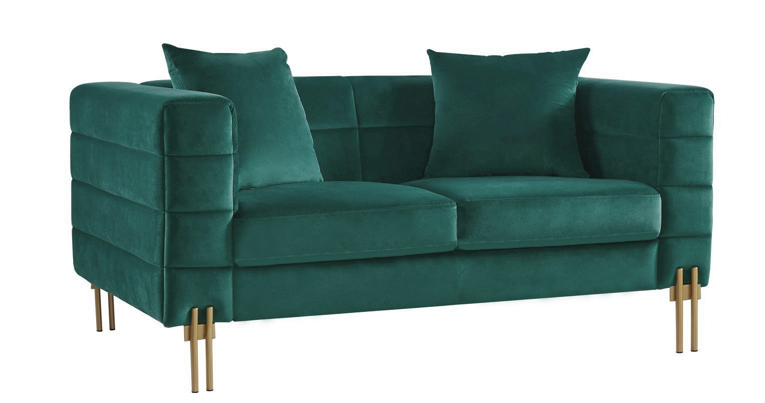 Sofá de 2 plazas de terciopelo verde oscuro con patas doradas de diseño, ideal para salones modernos y elegantes en Elche