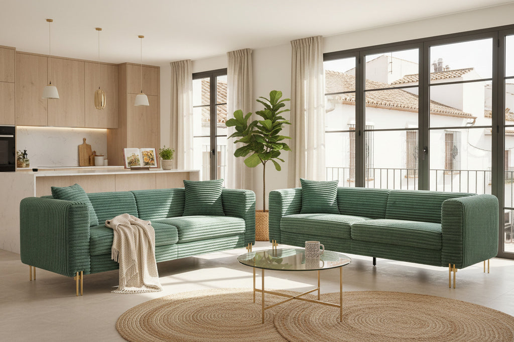 Conjunto de salón mediterráneo con sofá de 3 plazas y sofá de 2 plazas en pana verde turquesa con patas doradas en un loft moderno en Costa Blanca