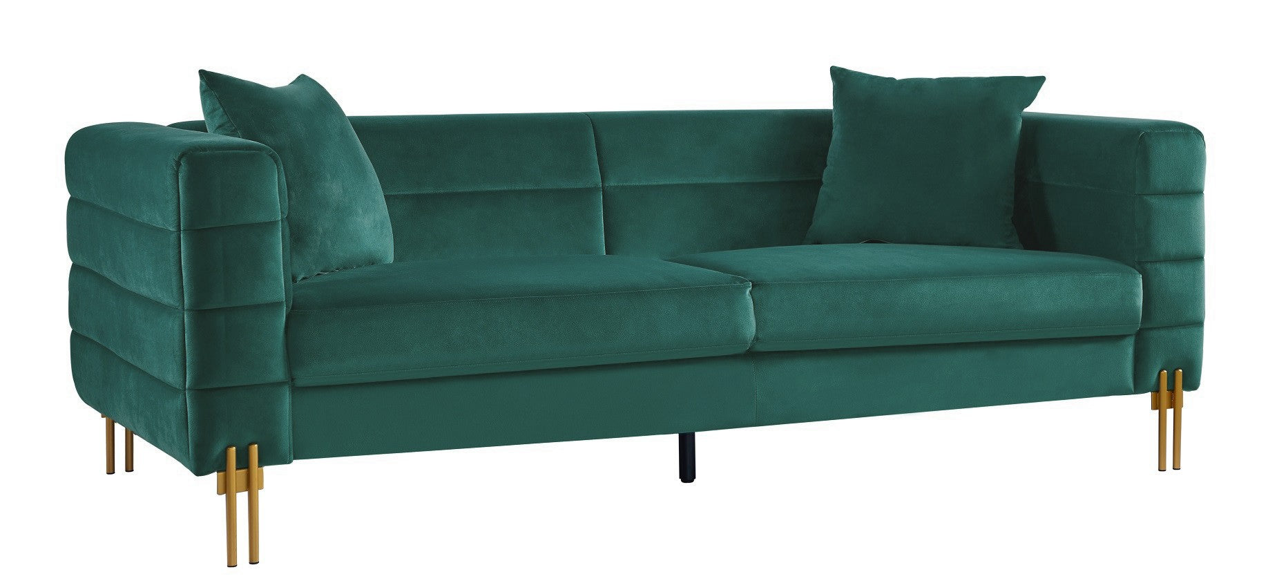 Sofá de 3 plazas de terciopelo verde oscuro con patas doradas, mueble de diseño exclusivo para salones modernos en Alicante