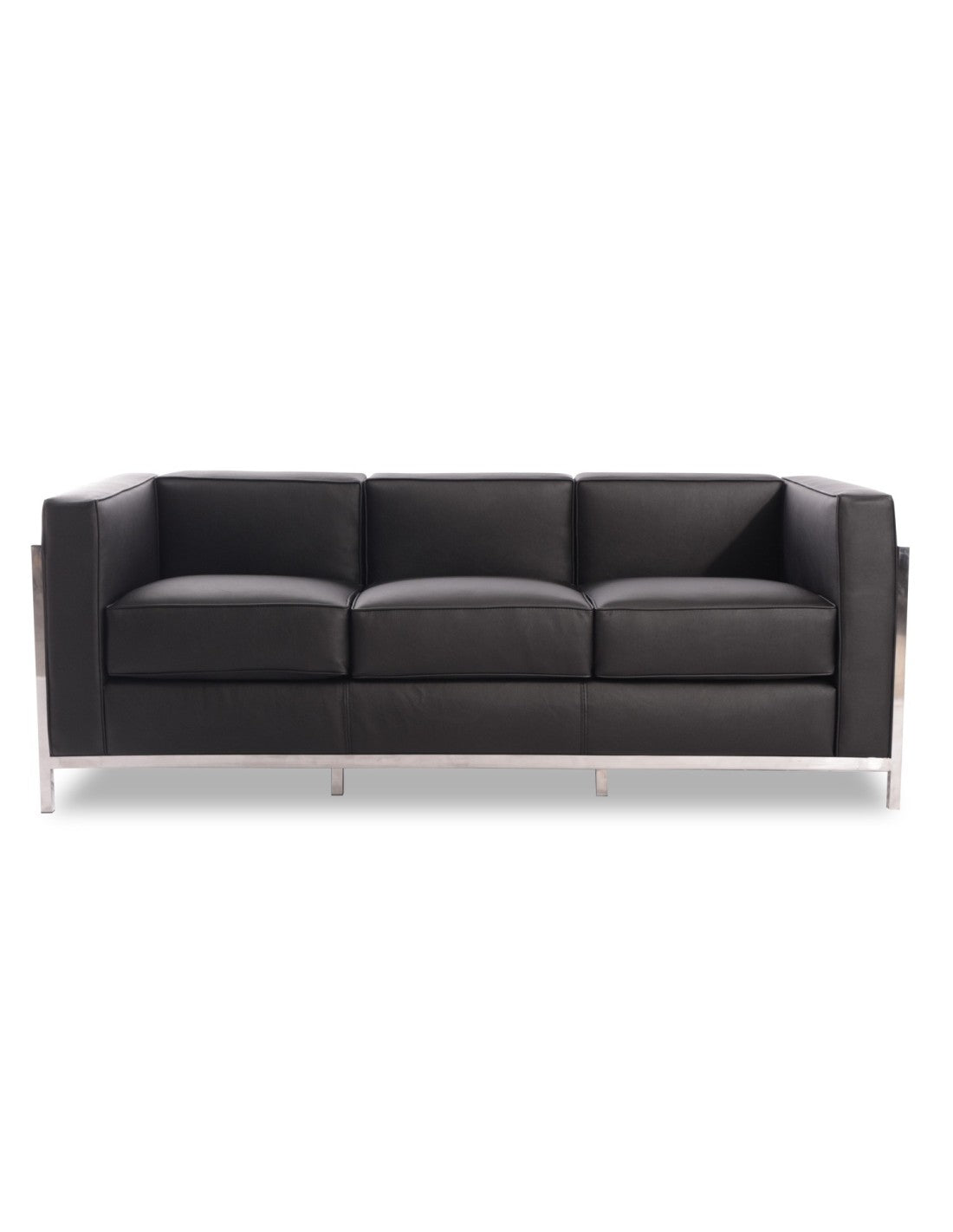 Sofá de tres plazas moderno modelo LOBBY color negro con armazón tubular cromado pulido efecto espejo