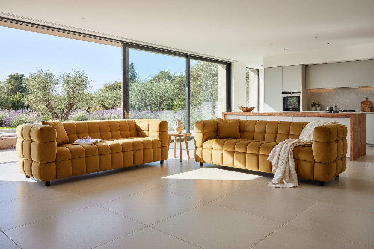 sofá de diseño Loring en tejido velvet camel es la pieza clave que transformará tu hogar