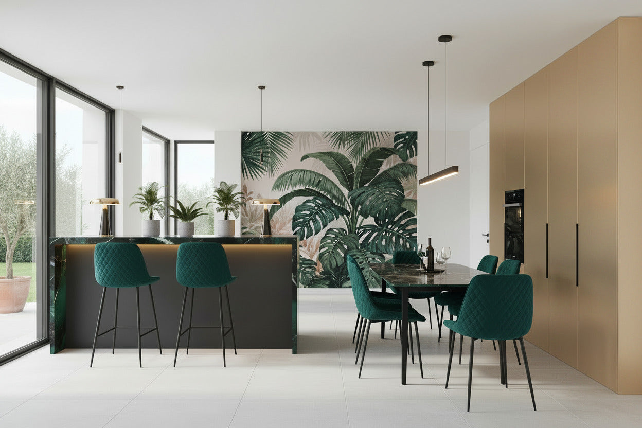 Taburete de diseño Felicio tapizado en terciopelo verde oscuro con costuras de rombos y armazón metálico negro