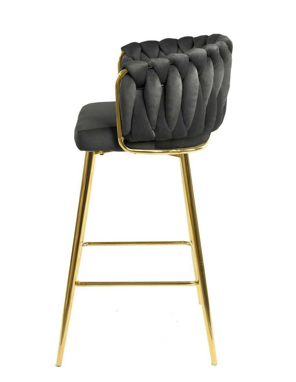 Detalle del tapizado en terciopelo gris oscuro y estructura robusta de metal dorado del taburete KING de Muebles Mercatoro.