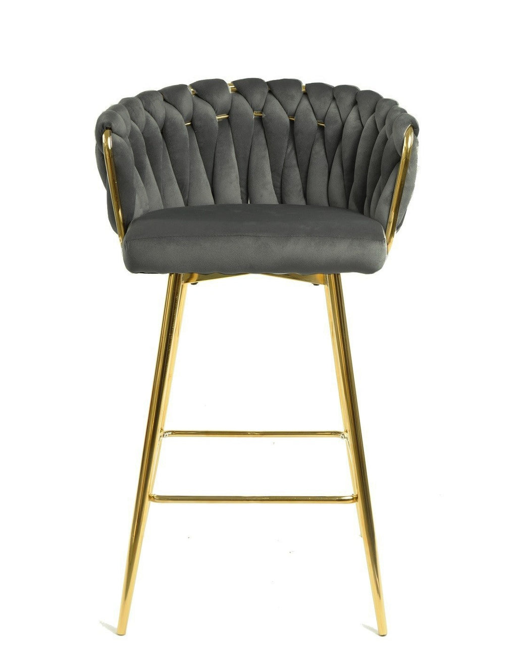 Pack de 4 taburetes altos KING color gris oscuro con acabado dorado brillante y opción de sillón a juego.