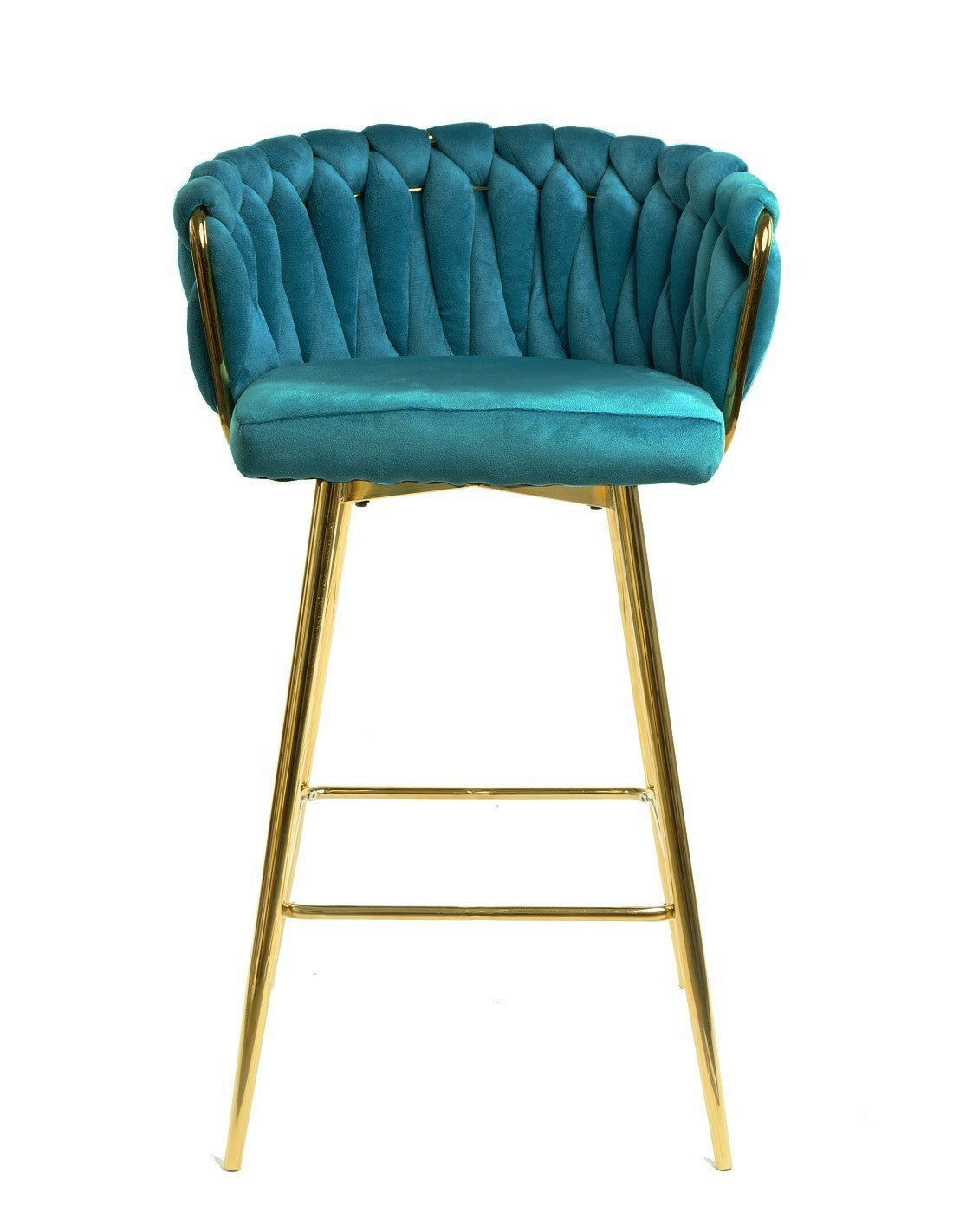 Taburete moderno KING de color turquesa y oro ideal para barras de cocina y mesas altas de estilo contemporáneo.