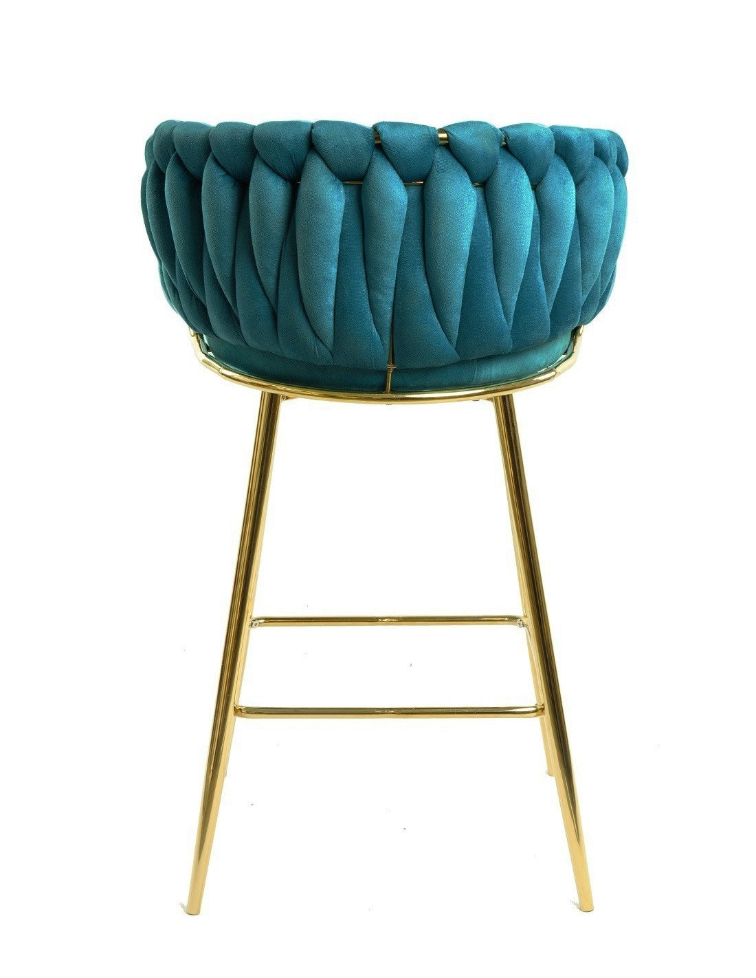 Pack de taburetes de diseño KING en terciopelo turquesa y acabado cromado dorado junto a su sillón a juego.