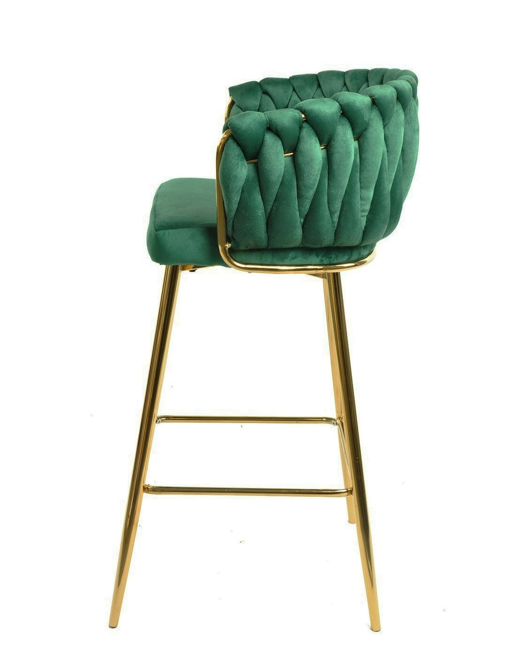 Detalle del elegante tejido de terciopelo verde oscuro y estructura robusta de metal dorado del taburete moderno KING.