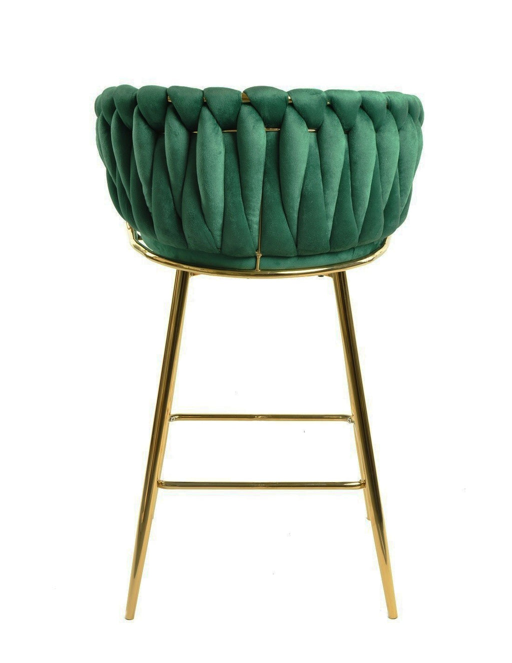 Conjunto de taburetes altos de diseño verde oscuro y oro en una mesa alta para salones modernos o locales de hostelería en Málaga y Sevilla.