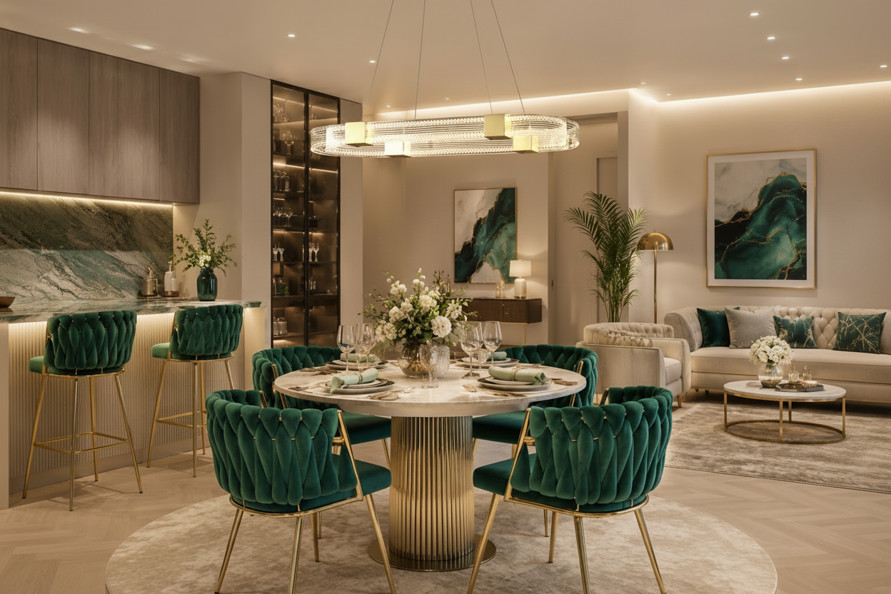 Taburete alto con asiento verde oscuro y armazón metálico cromado en oro, ideal para villas exclusivas en la Costa del Sol.
