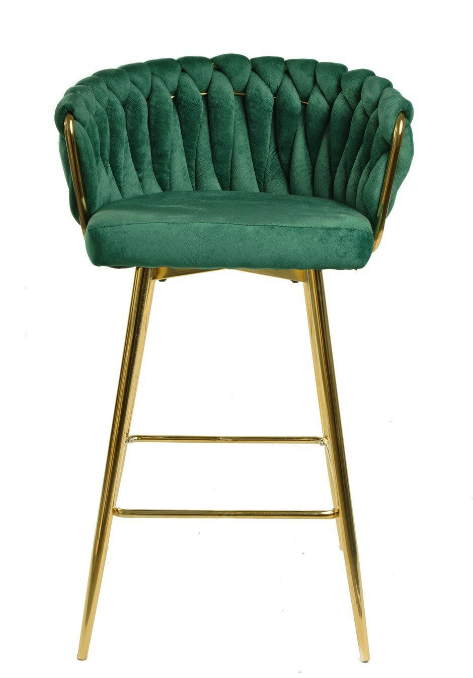 Taburete de diseño KING en terciopelo verde oscuro y patas doradas, perfecto para barras de cocina y proyectos de interiorismo en Andalucía.