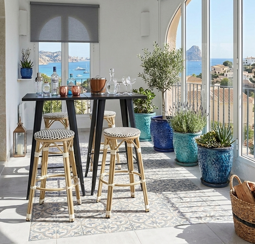 Taburete apilable de hostelería resistente al salitre para bares en el Puerto de Santa Pola