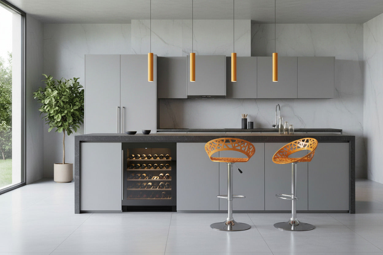 Taburete de diseño amarillo regulable con base cromada para cocinas modernas y bares en la Costa Blanca