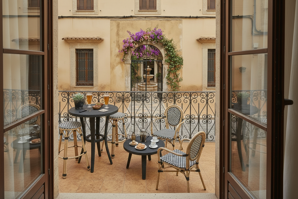 Conjunto de mobiliario de terraza: taburete y sillón de aluminio efecto bambú con tejido mesh crema y verde en la Costa Blanca