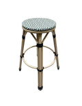 Taburete de diseño con armazón de aluminio acabado bambú y asiento de mesh en colores crema y verde para terazzas y jardines en Alicante