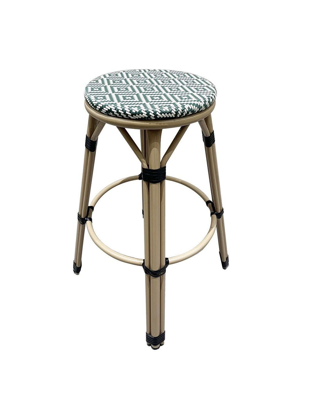 Taburete de diseño con armazón de aluminio acabado bambú y asiento de mesh en colores crema y verde para terazzas y jardines en Alicante
