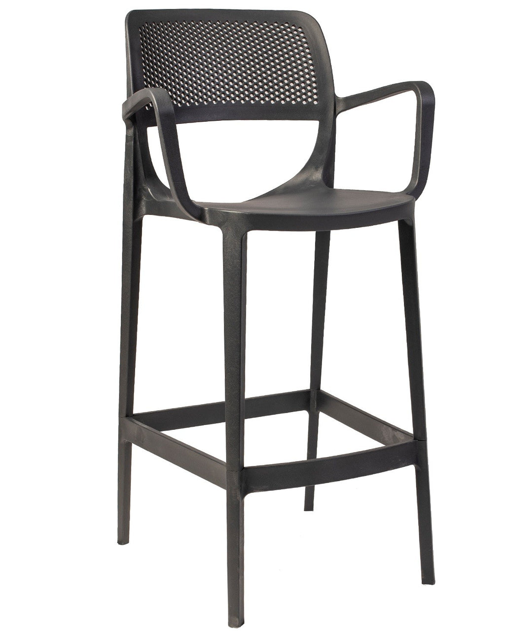 Taburete alto de diseño modelo VERDI en color gris antracita con respaldo y brazos, fabricado en polipropileno para exterior e interior