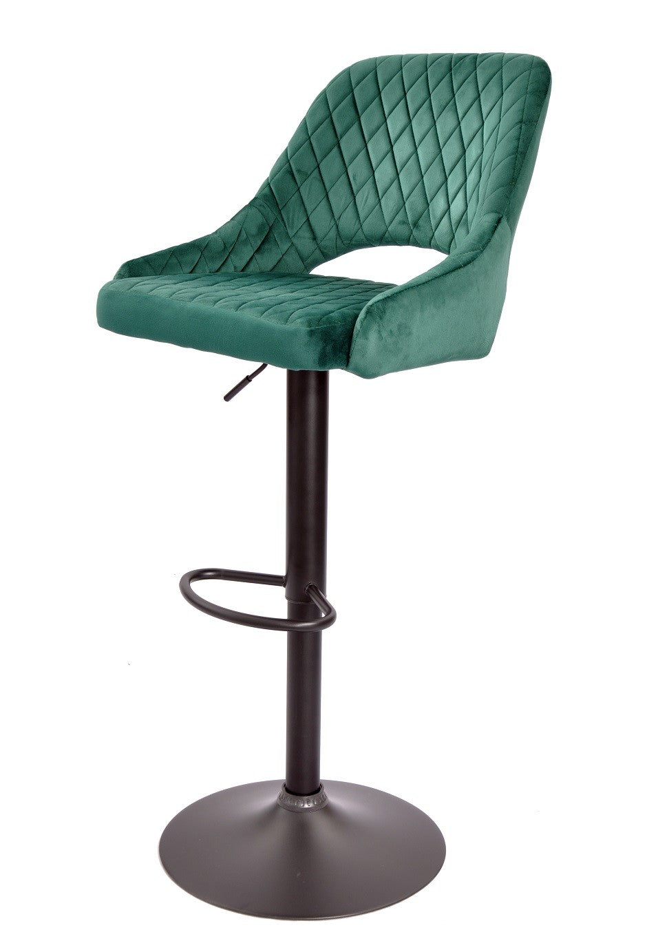 Taburete de diseño regulable en terciopelo verde oscuro y base negra para barras de cocina en Pilar de la Horadada