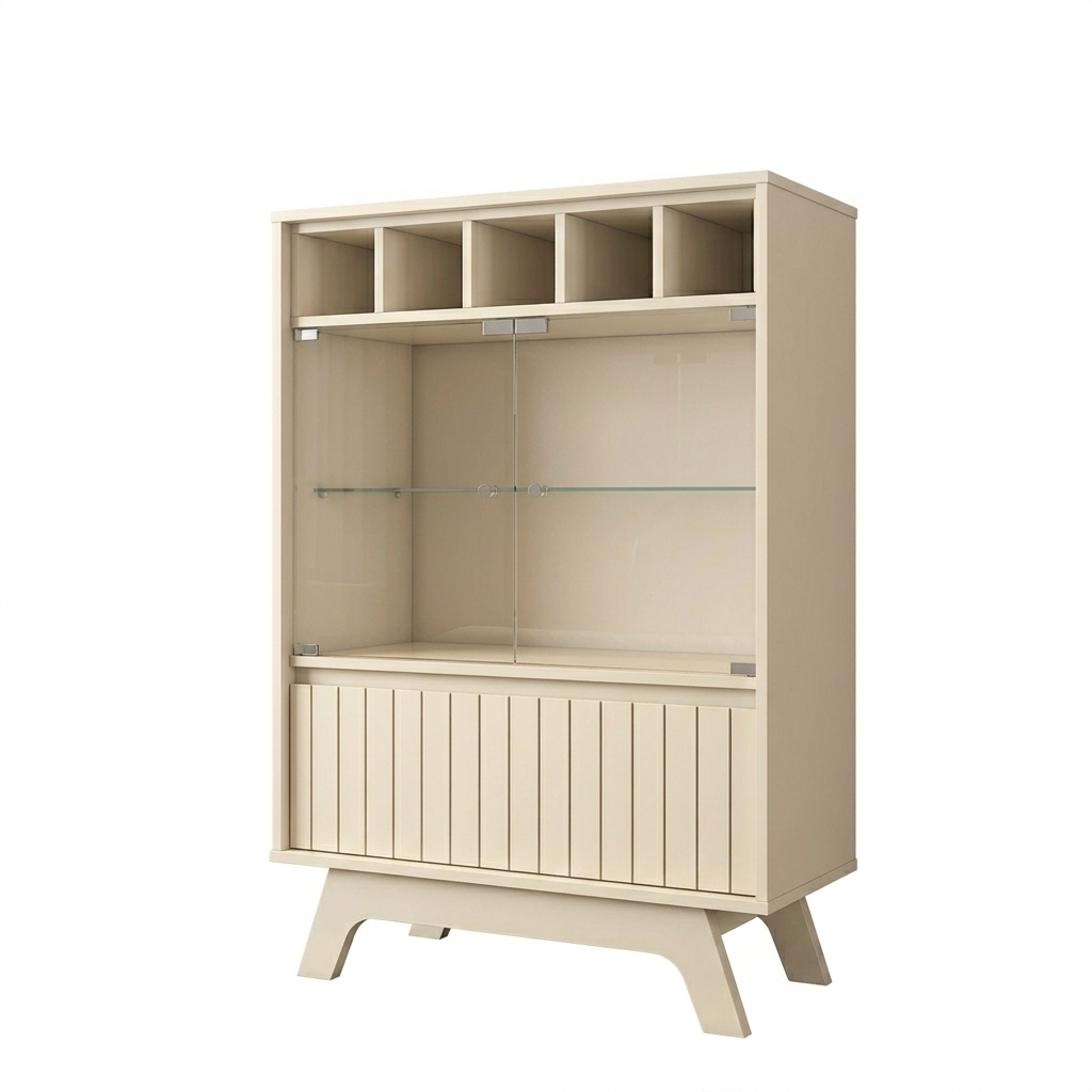 Mueble bar multifuncional de 75 cm de ancho con acabado estriado y botellero integrado, fabricado en madera sostenible MDF para comedor o cocina